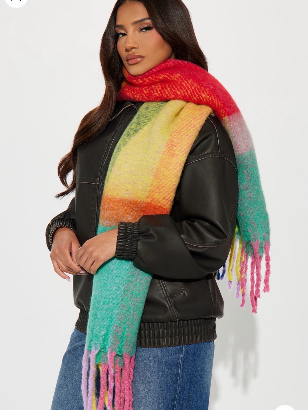 Fashion Nova Red, Yellow, Green Ombre Fringe Scarf